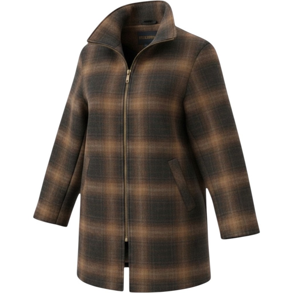 Pendleton Womens Brown Plaid Wool Blend Zip Front Walker Coat Jacket Size M